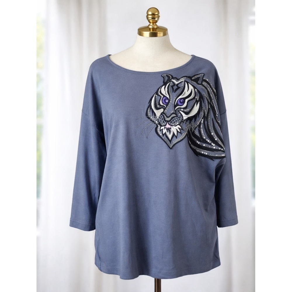New‎ Bob Mackie Knit Popover Top Tee Sequined Glitz Tiger Embroidered Size XL